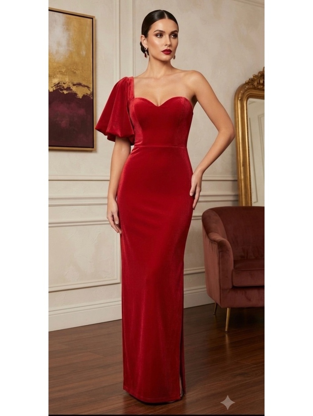 Elegant Red Velvet One-Shoulder Evening Gown with Slit